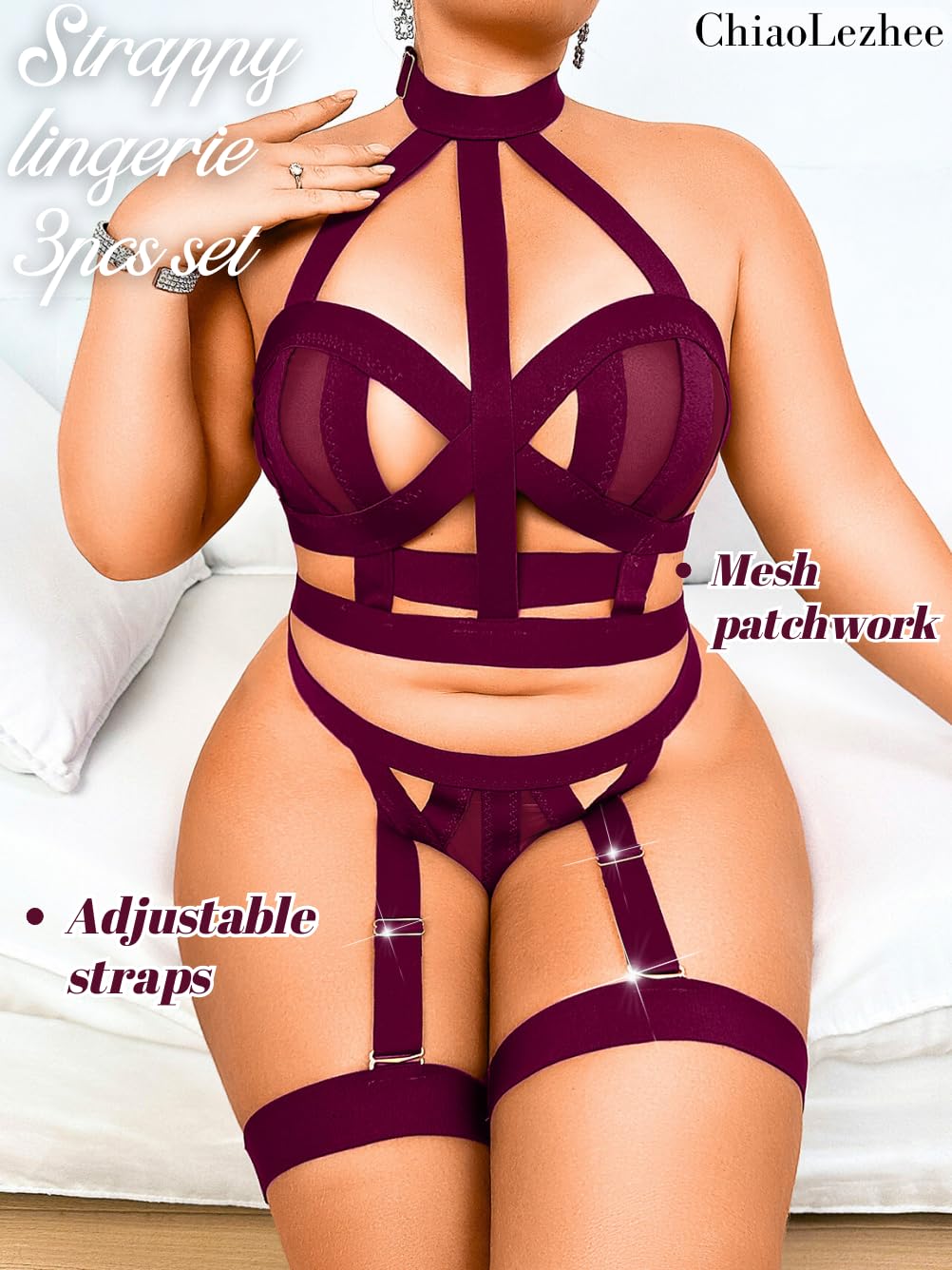 Curvy Lady's Strappy Lingerie For Women, Plus Size Exotic Garter Thong, BBW Halter Gifts For Him 3 Piece Set