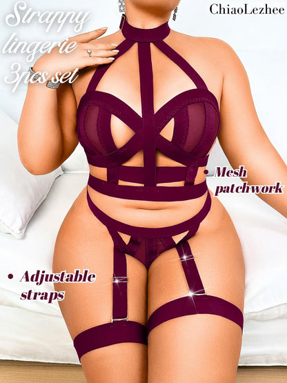 Curvy Lady's Strappy Lingerie For Women, Plus Size Exotic Garter Thong, BBW Halter Gifts For Him 3 Piece Set