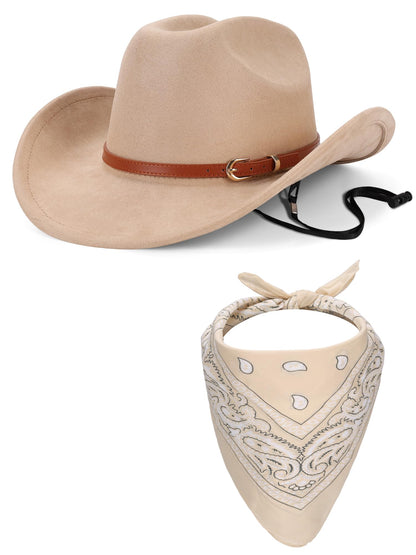 Ibeauti Cowboy Hat with Fringed Bandana Set for Women Wide Brim Western Cowgirl Hat Paisley Head Wrap Scarf