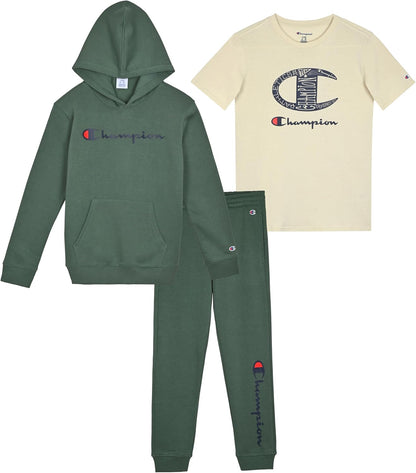Champion Boys Sweatsuit Set for Kids 3 Piece Boys Hoodie Jogger and Tee Shirt Tracksuit Outfit