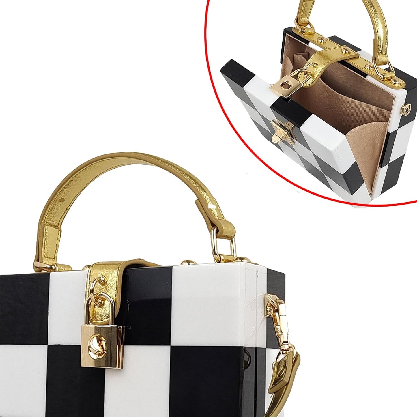 Black White Checkerboard Acrylic Clutch Purse Bag Women Box Evening Bags Acrylic Chain Crossbody Handbag(Stitching)