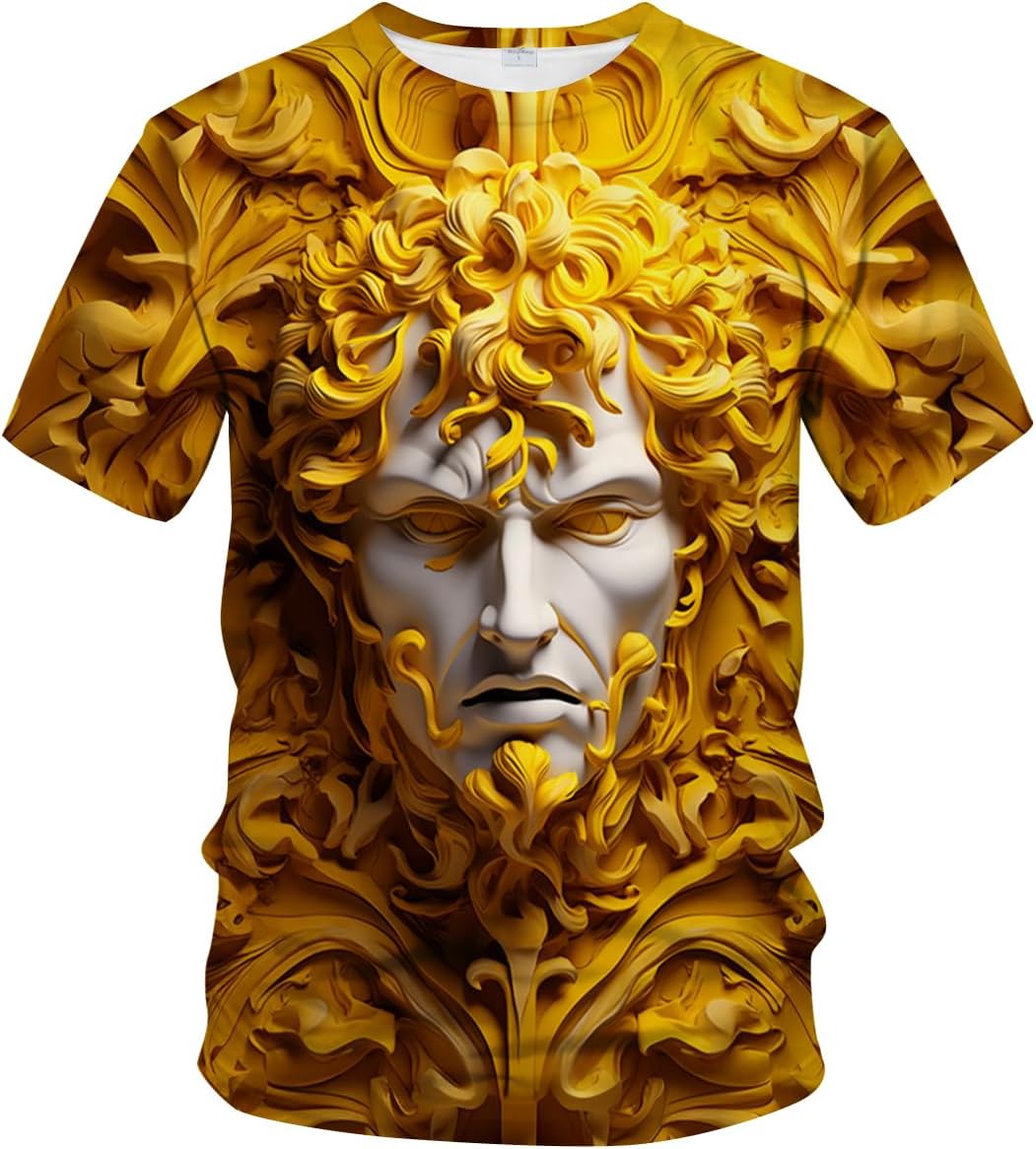 LAOLIUSN Men's Gold Shiny Printed T-Shirt - Golden Ornate Theme, Floral Graphic Tee Shirt