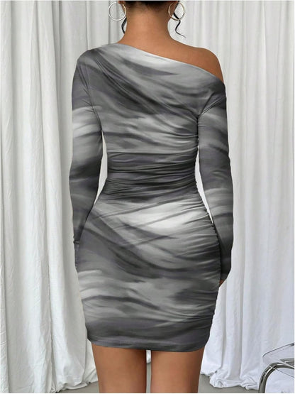 Women's Off Shoulder Ombre Tie Dye Bodycon Dress Long Sleeve Slim Fit Pencil Mini Dresses