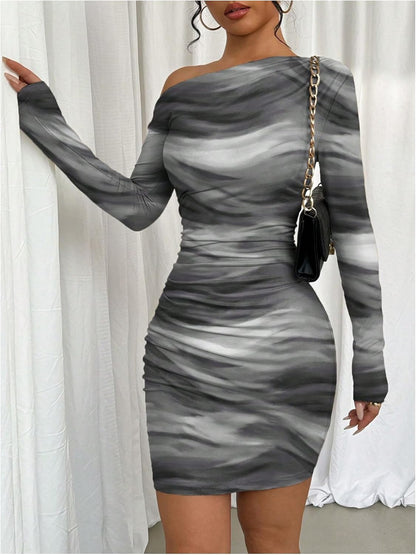 Women's Off Shoulder Ombre Tie Dye Bodycon Dress Long Sleeve Slim Fit Pencil Mini Dresses