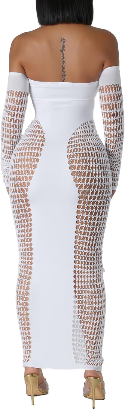 Women's Dress Sexy Club Dress Elegant Long Sleeve Off Shoulder Hollow Out Mesh Bodycon Party Dresses
