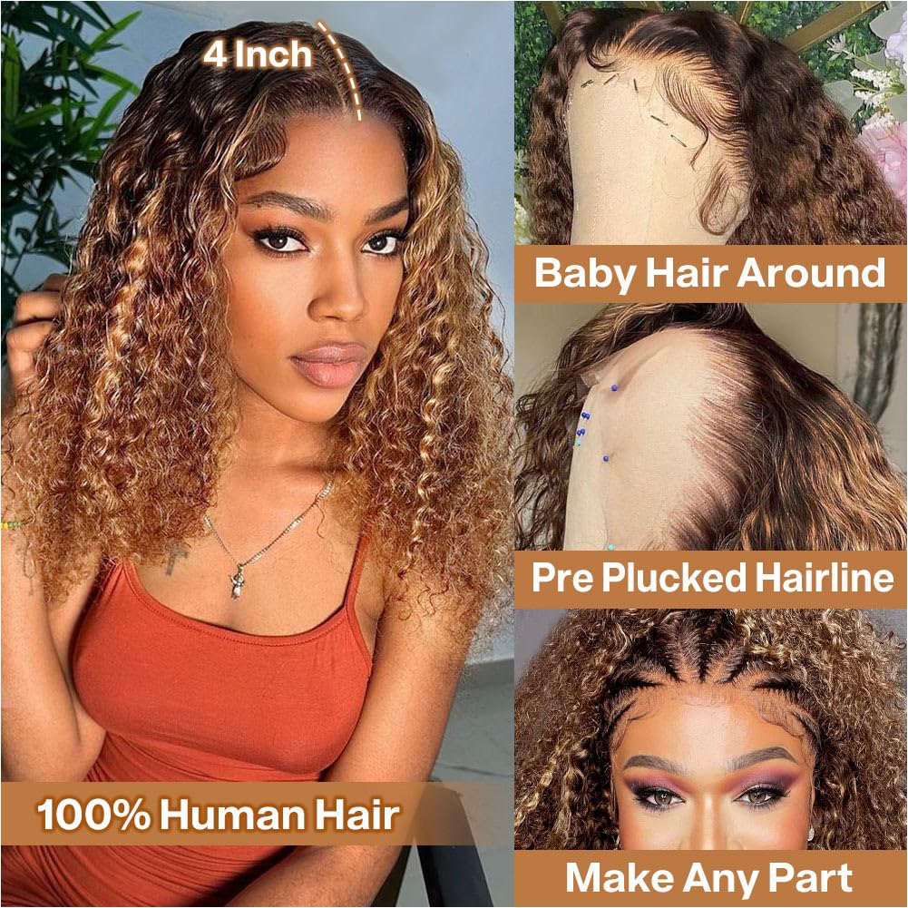 Curly Bob Wig Human Hair Deep Wave 13x4 HD Lace Front Wigs For Black Women Human Hair Pre Plucked Wear And Go Glueless Short Wet And Wavy Ombre Honey Blonde Highlight Color 4/27 14 Inch