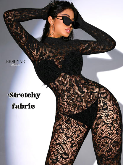 Sexy Lace Leopard Jumpsuit For Women, Fishnet Bodysuit Glow Party Club, Poster One Piece Mesh Full Body Rave Outfits