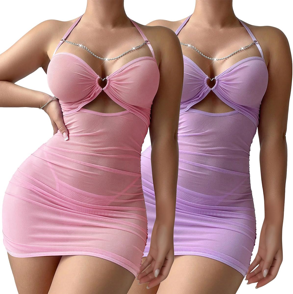 Sexy Chain Sheer Mesh Ruched Bodycon Mini Lingerie Dress with Thong 2 Piece Set Outfits