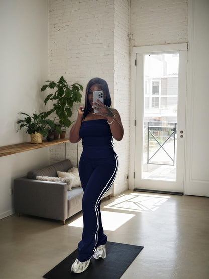 HBQ Women Two Piece Outfits Strapless Crop Top and Flare Pants Casual Stripe Lounge Sets Tracksuits