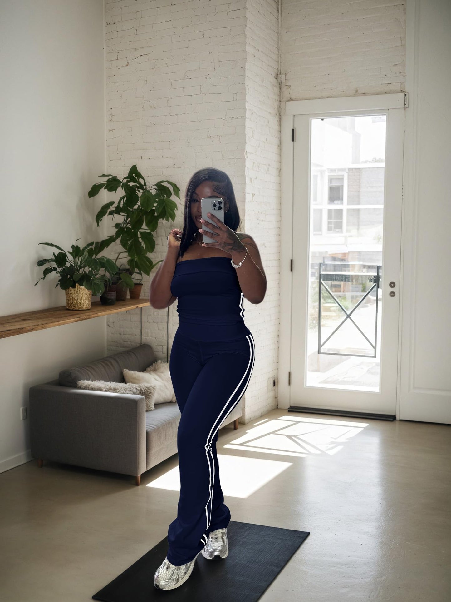 HBQ Women Two Piece Outfits Strapless Crop Top and Flare Pants Casual Stripe Lounge Sets Tracksuits