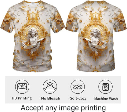 LAOLIUSN Men's Gold Shiny Printed T-Shirt - Golden Ornate Theme, Floral Graphic Tee Shirt