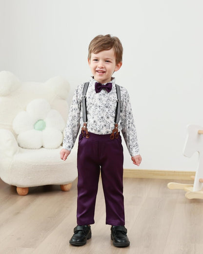 ZOEREA Toddler Boy Suit Formal Wedding Outfits Gentleman Clothes Long Sleeve Shirt + Suspender Pants + Bowtie