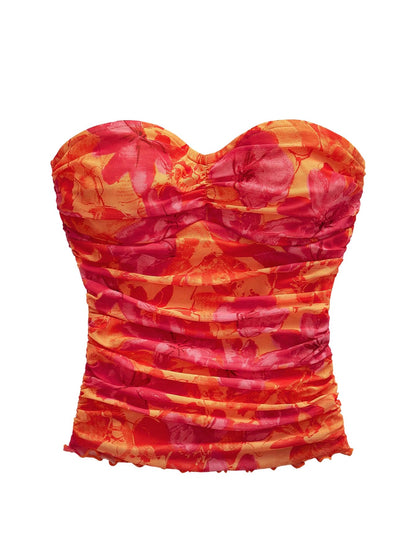 WDIRARA Women's Floral Mesh Tube Top Strapless Ruched Bandeau Summer Vacation Crop Tops