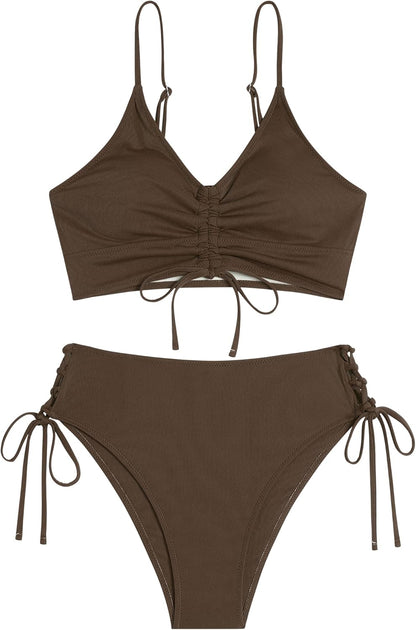 ZAFUL Women V Neck Bikini Set Ruched Tie Front High Waisted Floral Print Ribbed 2 Piece Bathing Suit Swimsuits