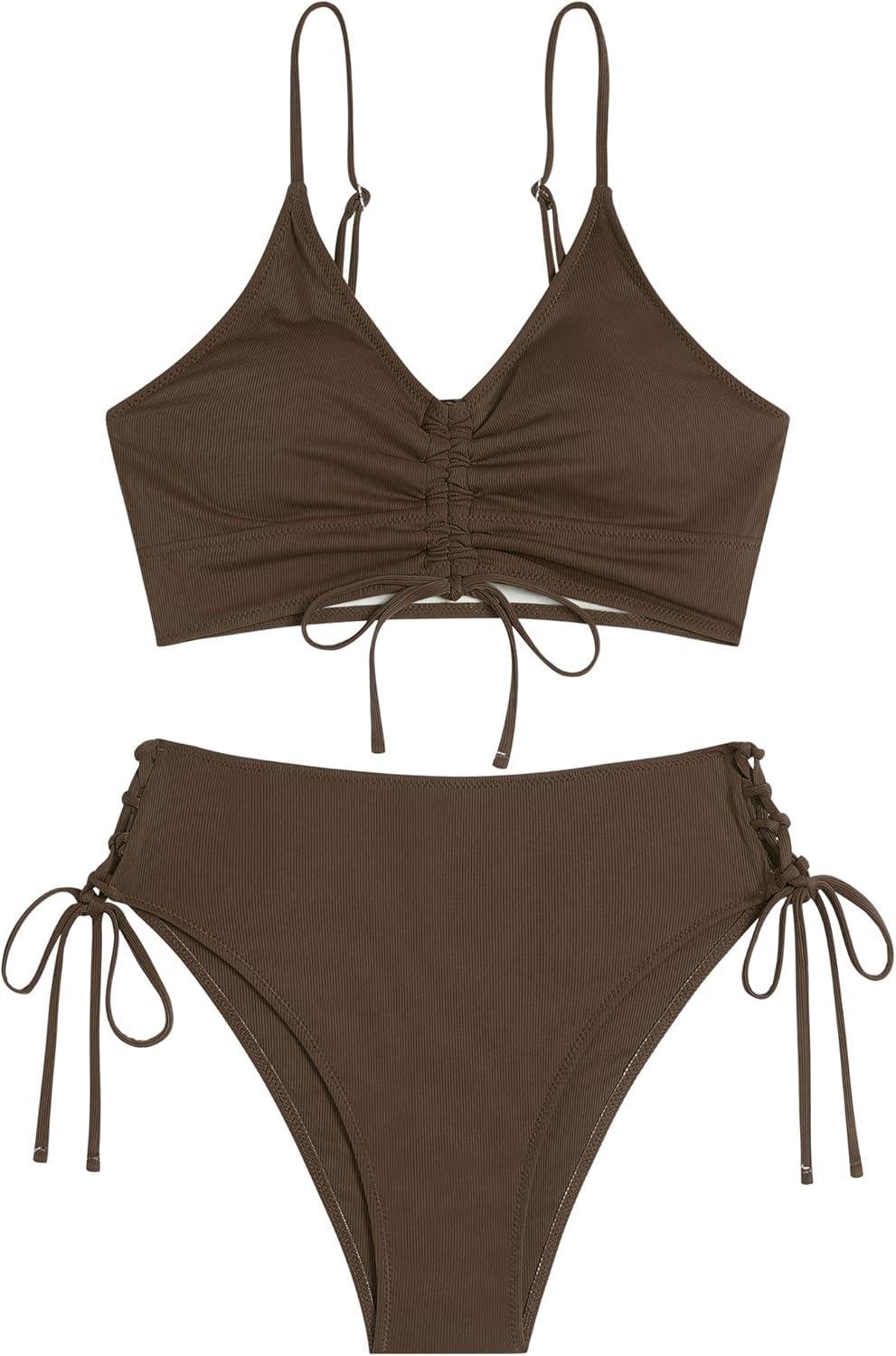 ZAFUL Women V Neck Bikini Set Ruched Tie Front High Waisted Floral Print Ribbed 2 Piece Bathing Suit Swimsuits