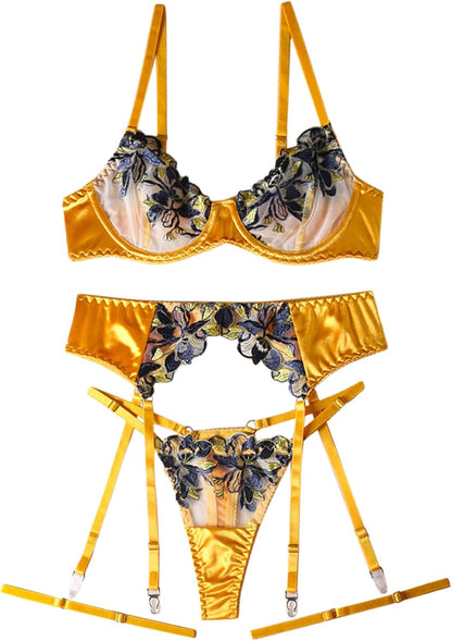 Lilosy Sexy Leaf Floral Embroidered Mesh Sheer Women Underwire Push Up Lingerie Set