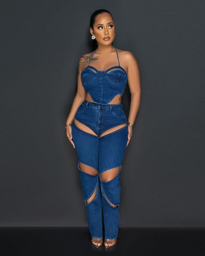 Denim 2 Piece Outfit for Women Sleeveless Cropped Tank Top Bodycon Pants Set Sexy Jean Hollow Out Party Club Tracksuit