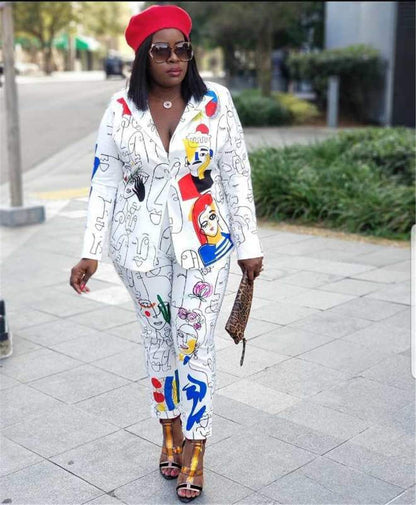 Womens Sexy 2 Pieces Graffiti Print Blazer Suit Pants Set Nightclub Tracksuit Outfit Set