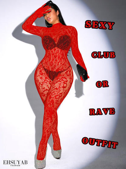 Sexy Lace Leopard Jumpsuit For Women, Fishnet Bodysuit Glow Party Club, Poster One Piece Mesh Full Body Rave Outfits