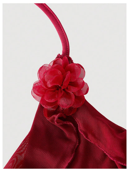 WDIRARA Women's 3D Flower Tie Front Ruffle Trim Halter Top Tie Backless Camisole