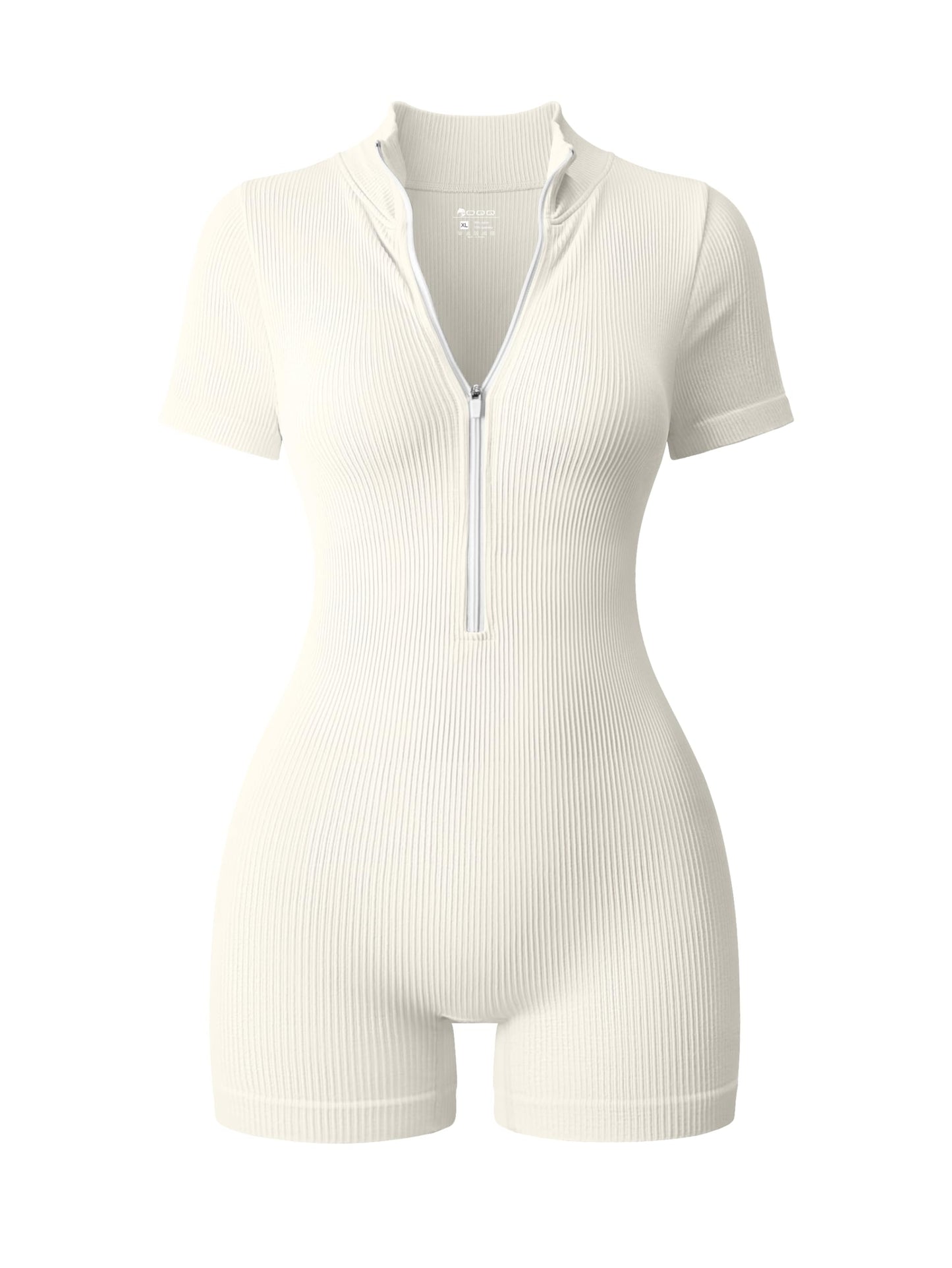 OQQ Women Rompers Ribbed Short Sleeve Zip Front Stretch Tummy Control Yoga Workout Rompers