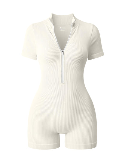 OQQ Women Rompers Ribbed Short Sleeve Zip Front Stretch Tummy Control Yoga Workout Rompers