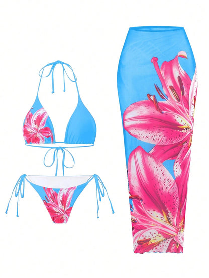 ZAFUL Womens 3pcs Swimsuit Floral Halter Triangle Bikini Top Tie Side Bottom with Long Sheer Cover Up Skirt