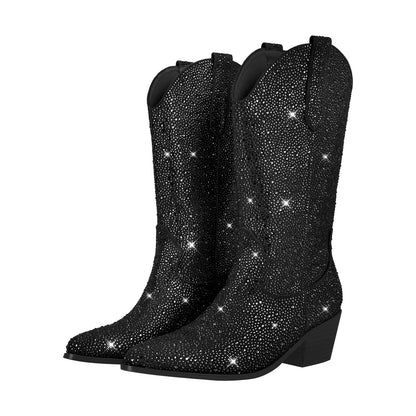 Richealnana Sparkly Rhinestones Cowboy Cowgirl Style Boots Calf High Boots for Women 2INCH Heeled Shining Pull On Tabs