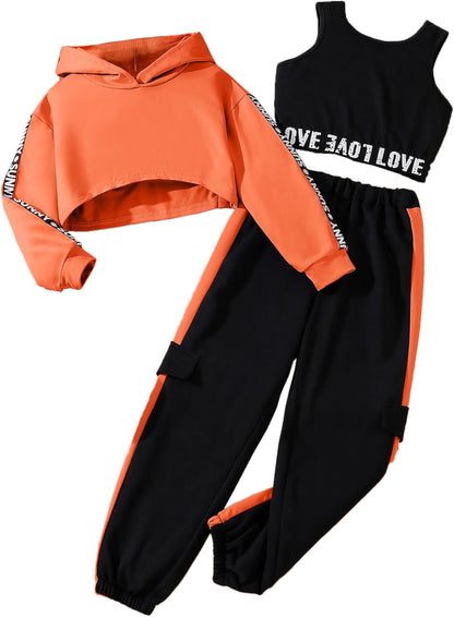 Hilinker Girls Graphic 3 Piece Outfits Workout Crop Hoodie Ribbed Tank and Sweatpants Set