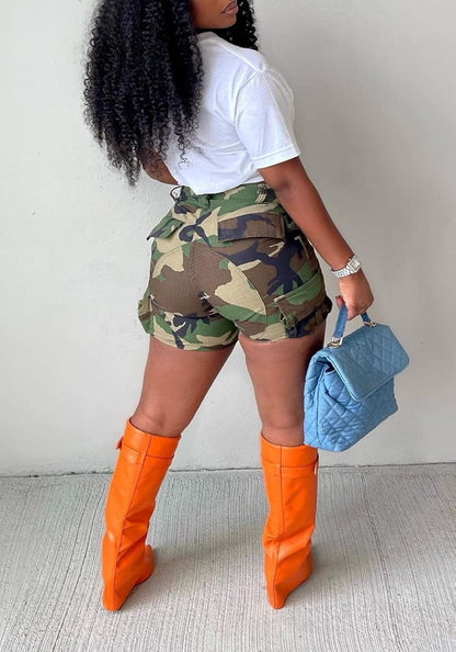 NRTHYE Womens High Waisted Camo Shorts Casual Trendy Short Pants Summer Shorts with Pockets
