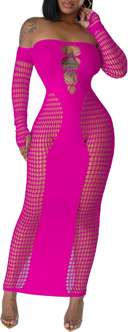 Women's Dress Sexy Club Dress Elegant Long Sleeve Off Shoulder Hollow Out Mesh Bodycon Party Dresses