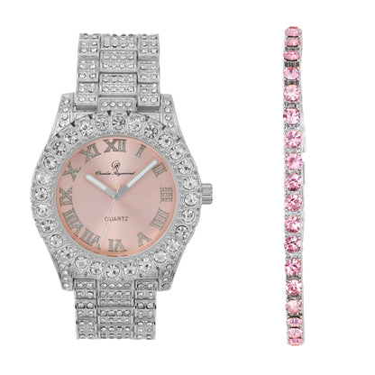 Charles Raymond Women's Big Rocks Bezel Colored Dial with Roman Numerals Fully Iced Out Watch - ST10327LA