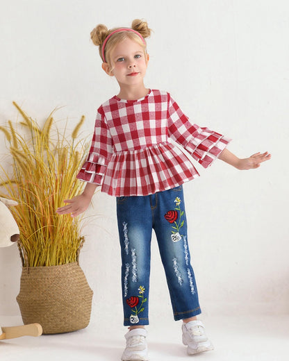 NZRVAWS Baby Girl Clothes Toddler Girl Outfits Infant Ruffle Shirt Denim Ripped Jeans Cute Clothing Set