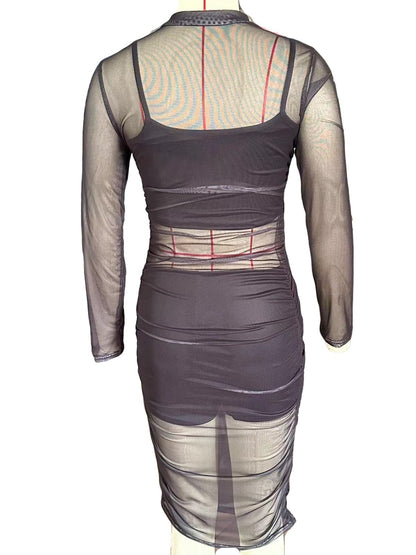Women Sexy 3 Piece Outfits Set See Through Print Long Sleeve Midi Dress Sheer Mesh Crop Tank Tops Bodycon Skirt