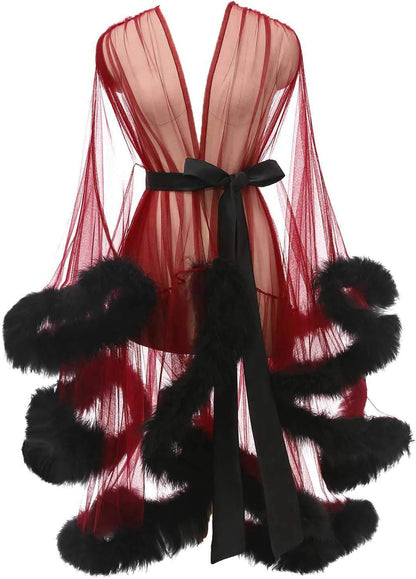 Tulle Feather Robe Sexy Sheer Mesh Fur Bridal Illusion Boudoir Bathrobe Nightgown Christmas Lingerie