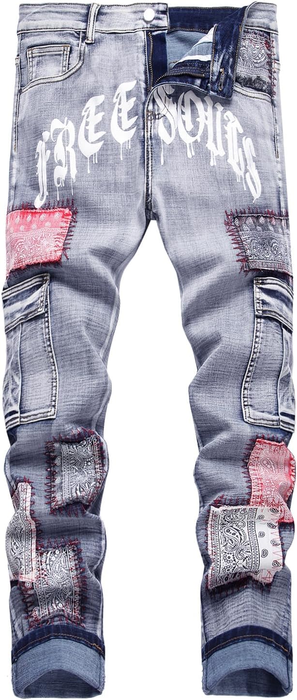 Baylvn Men's Designer Straight Slim Fit Patchwork Jeans Comfort Skinny Biker Denim Pants