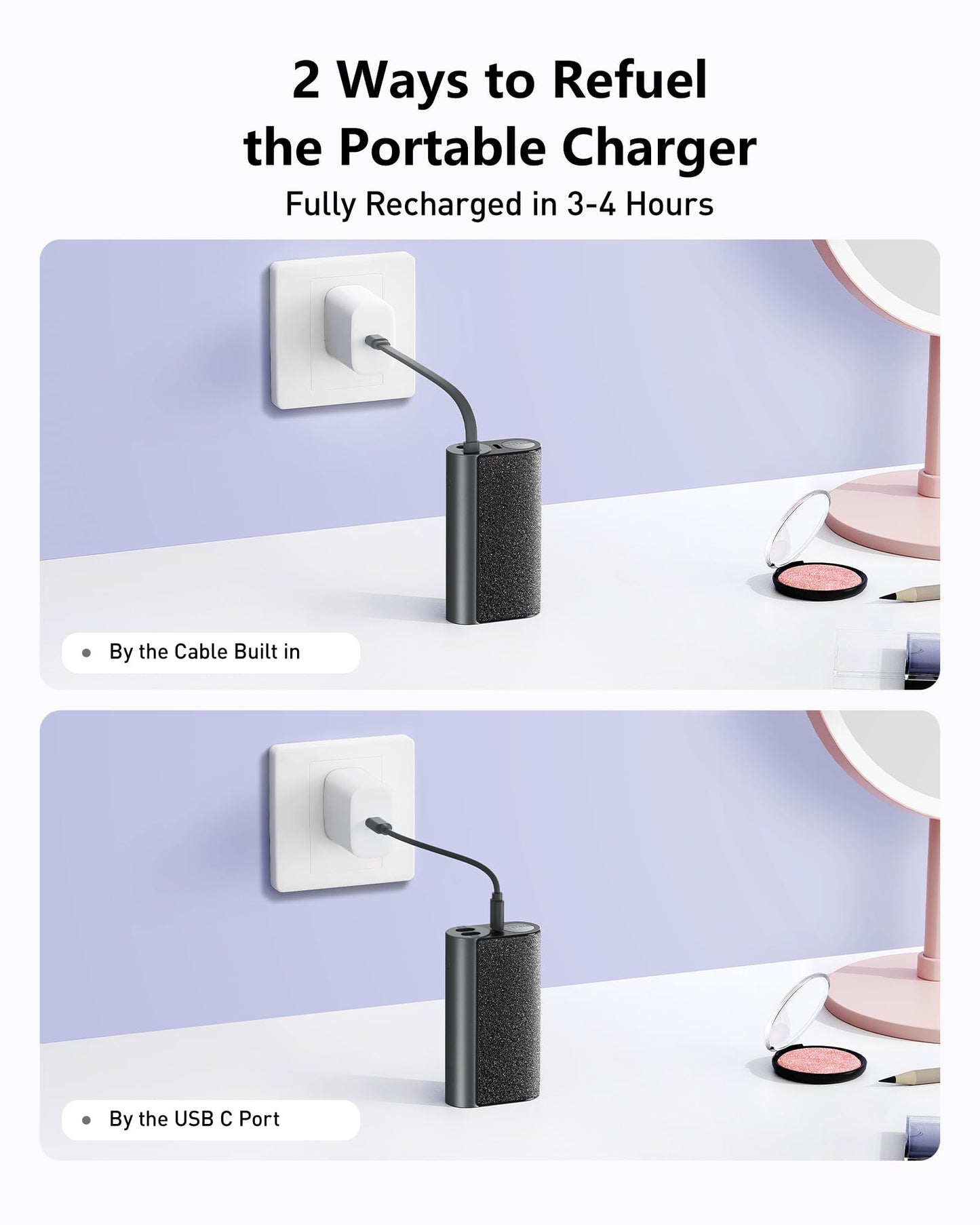 VEGER Compact Portable Charger with Built in Cable(Removable), 10000mAh Cute Power Bank 20W Fast Charging, Sparkling Battery Pack Fashion Travel Accessory Compatible with iPhone 15/14, Android-Purple