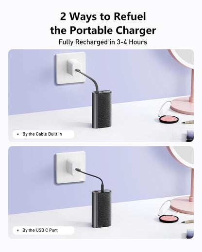 VEGER Compact Portable Charger with Built in Cable(Removable), 10000mAh Cute Power Bank 20W Fast Charging, Sparkling Battery Pack Fashion Travel Accessory Compatible with iPhone 15/14, Android-Purple
