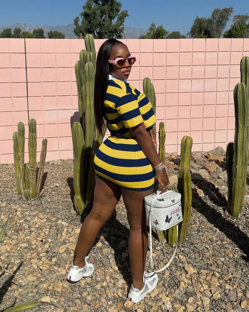 HBQ Women's Casual Two Piece Skirt Sets Polo Collar Crop Top Striped Mini Dress Summer Vacation-Stripe