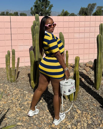 HBQ Women's Casual Two Piece Skirt Sets Polo Collar Crop Top Striped Mini Dress Summer Vacation-Stripe