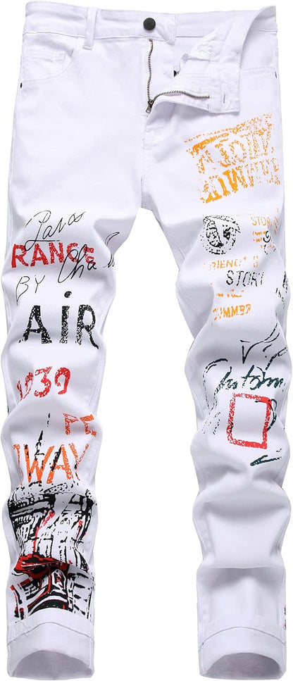 DANT BULUN Men's Fashion Casual Printed Jeans Stretch Skinny Denim Jogger Pants