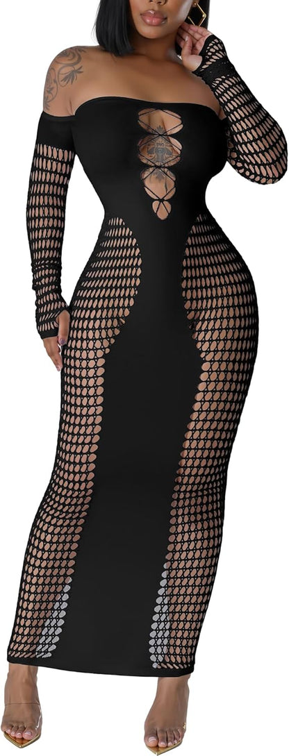 Women's Dress Sexy Club Dress Elegant Long Sleeve Off Shoulder Hollow Out Mesh Bodycon Party Dresses
