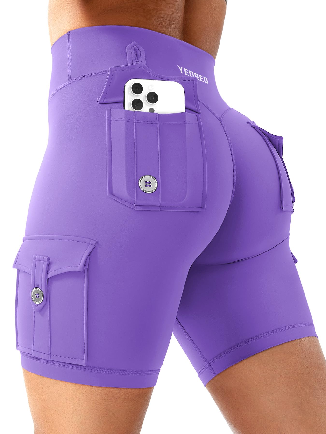 YEOREO CoreFlex Women Workout Biker Shorts with Cargo Pockets Hidden Scrunch High Waisted 8" Inseam Gym Shorts