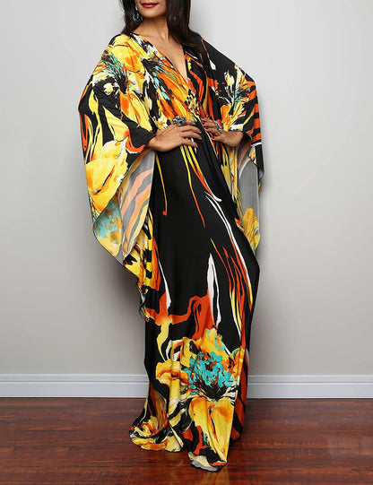 Bsubseach Women Ethnic Print Kaftan Beach Dress Plus Size Swimsuit Cover Up