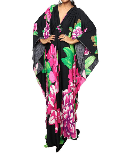 Bsubseach Women Ethnic Print Kaftan Beach Dress Plus Size Swimsuit Cover Up