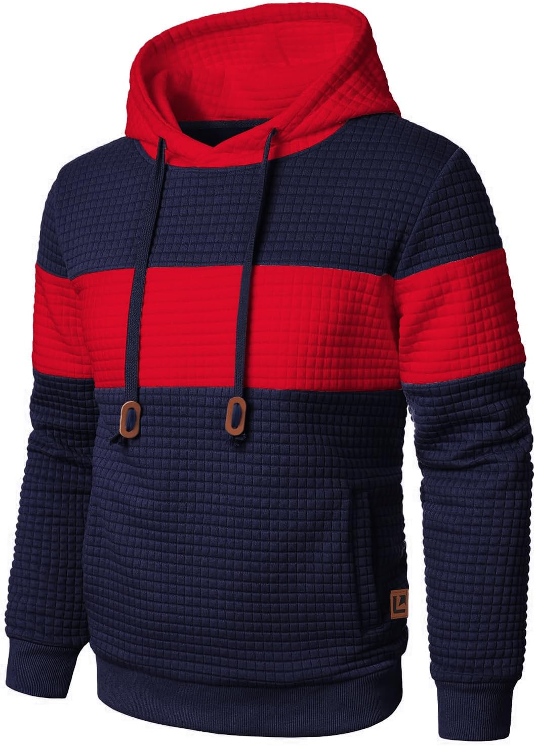 Men’s Sweatshirts Long Sleeve Pullover Patchwork Plaid Jacquard Hoodie Casual Drawstring Hoody Top