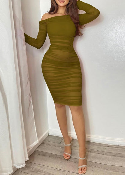 MOEENCN Mesh Long Sleeve Ruched Dress Sexy Off Shoulder Bodycon Women Knee Length Party Date Night Outfits