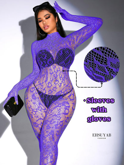 Sexy Lace Leopard Jumpsuit For Women, Fishnet Bodysuit Glow Party Club, Poster One Piece Mesh Full Body Rave Outfits