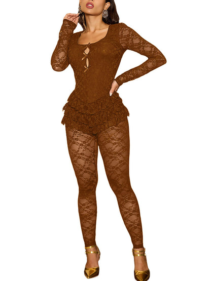Women's Jumpsuits Dressy Lace Cutout Bow Front Ruffled Trim Floral Lace One Piece Party Club Jumpsuits Outfits