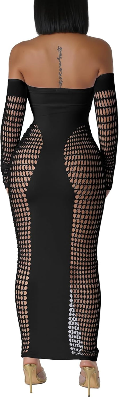 Women's Dress Sexy Club Dress Elegant Long Sleeve Off Shoulder Hollow Out Mesh Bodycon Party Dresses